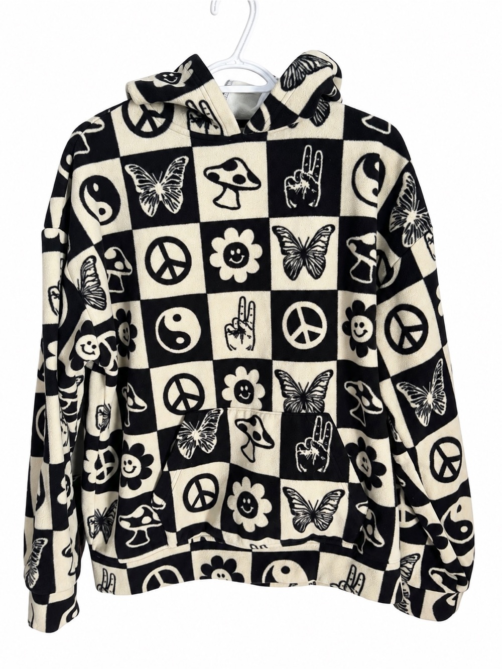Pac-Sun Black & Cream Graphic Hoodie Sweater - Peace, Butterfly & Smile Motif